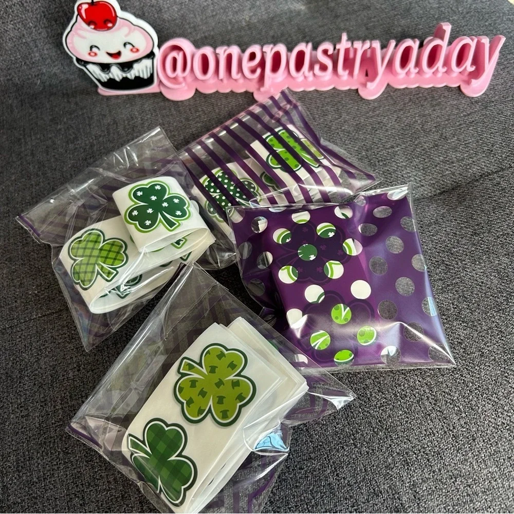 50 Count - Festive Shamrock, Clover Stickers, Variety, Green, White, 1.5 inches
